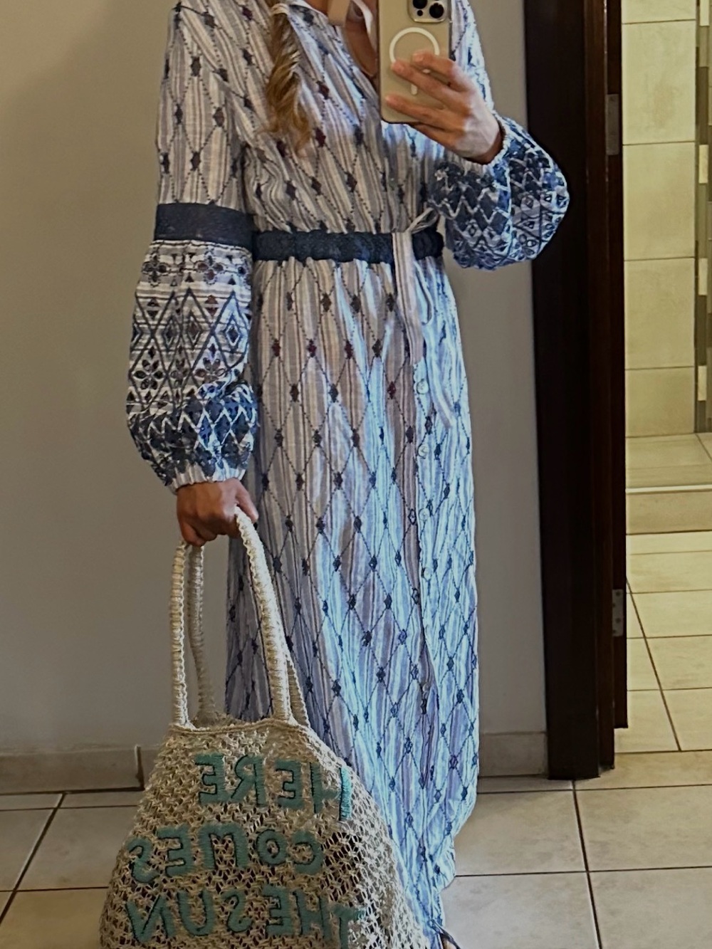 Temptation Positano Boho Indigo Patterned Maxi Dress with Tie Waist